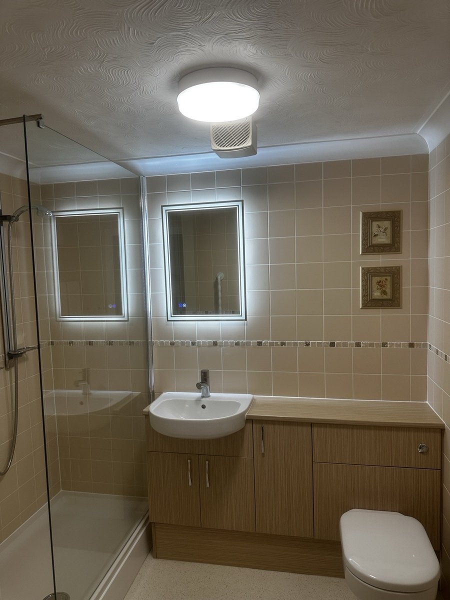Real DS Electrical bathroom install &mdash; zone-compliant lighting and shower-circuit ready bathroom in Mid Somerset