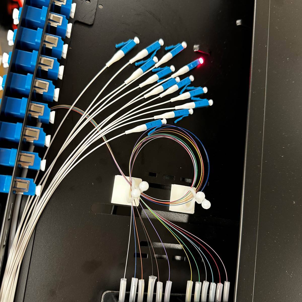Wall-mounted fibre optic patch panel with terminated LC connectors in a commercial comms cabinet