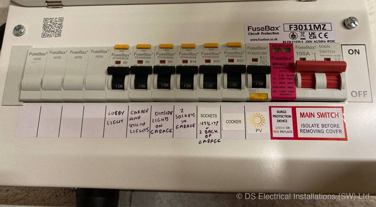 FuseBox consumer unit with RCBOs, a surge protection device and spare ways, every circuit labelled, installed by DS Electrical Installations (SW) Ltd