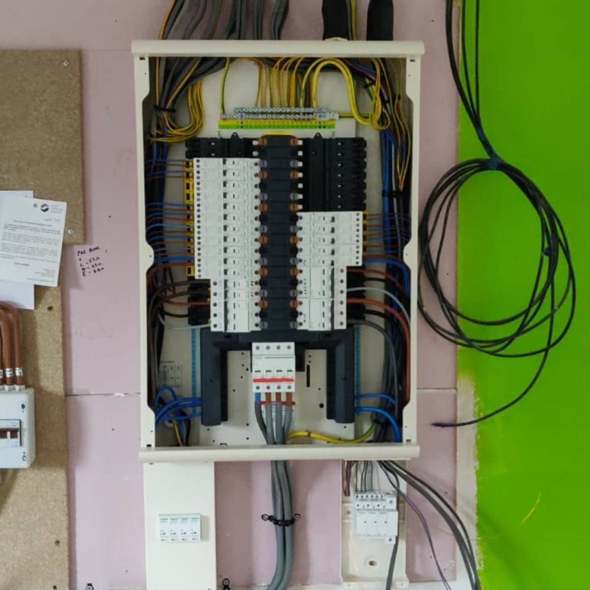 Commercial distribution board fully wired with banks of MCBs and RCBOs, neat colour-coded conductors and labelled circuits