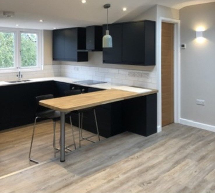Modern dark-cabinet kitchen extension with drum ceiling light and downlights