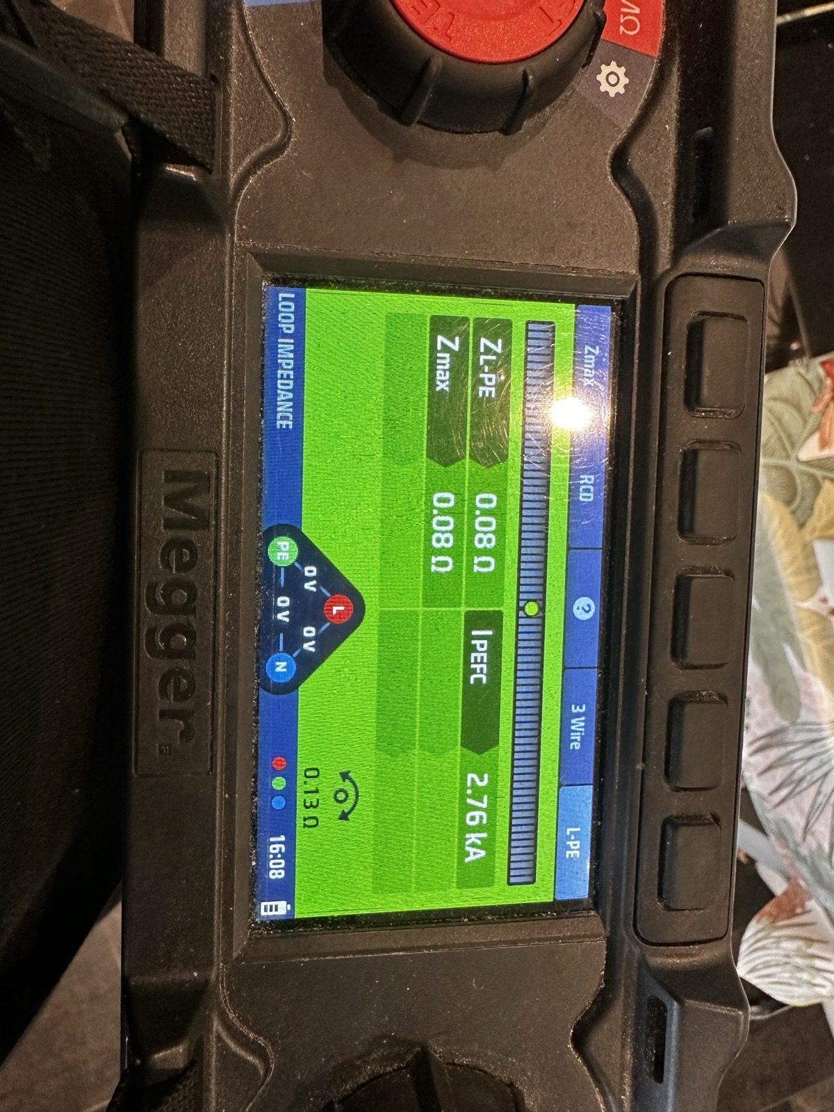 Megger MFT loop impedance test reading 0.08 ohm and 2.76 kA PEFC