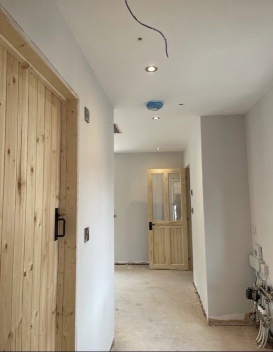 Hallway first fix with downlights and smoke detectors
