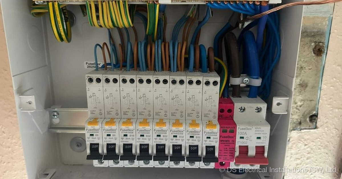 Consumer unit with MCBs and RCD protection, installed by DS Electrical Installations (SW) Ltd
