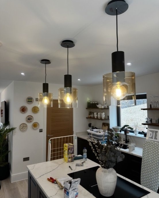 Modern kitchen with recessed LED downlights and dimmable circuits installed by DS Electrical