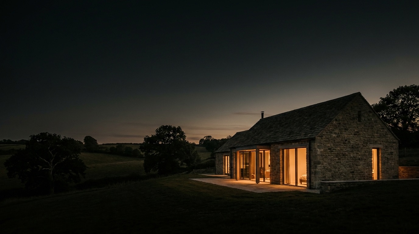 3D model of a Somerset property at dusk with its electrical installation lit up — DS Electrical interactive install planner