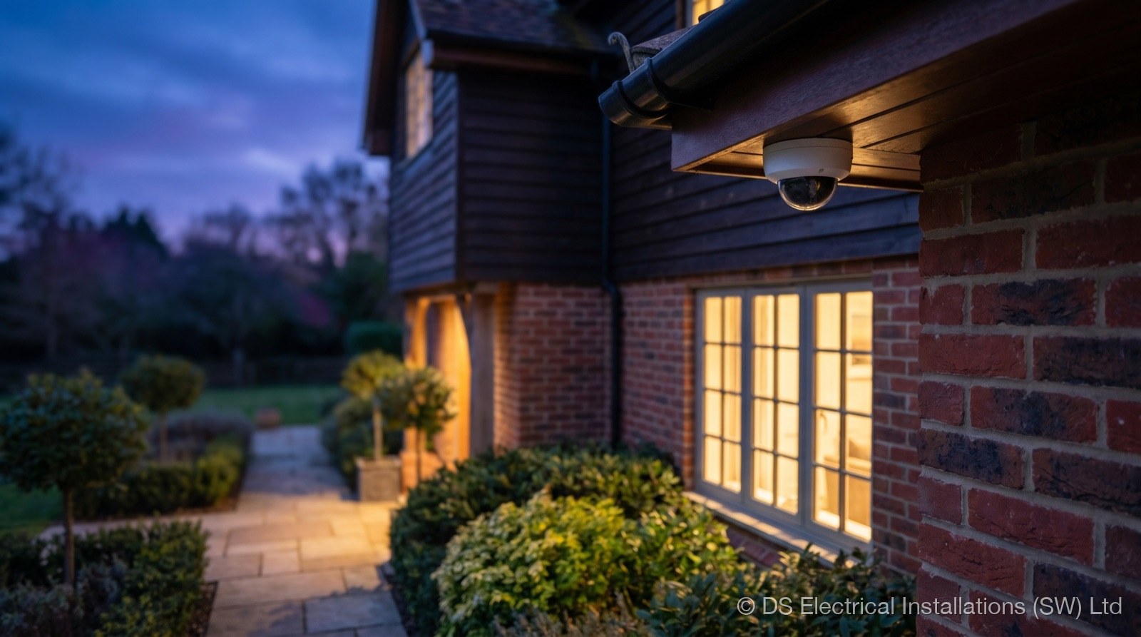 White dome CCTV camera mounted on a home at dusk, installed by DS Electrical