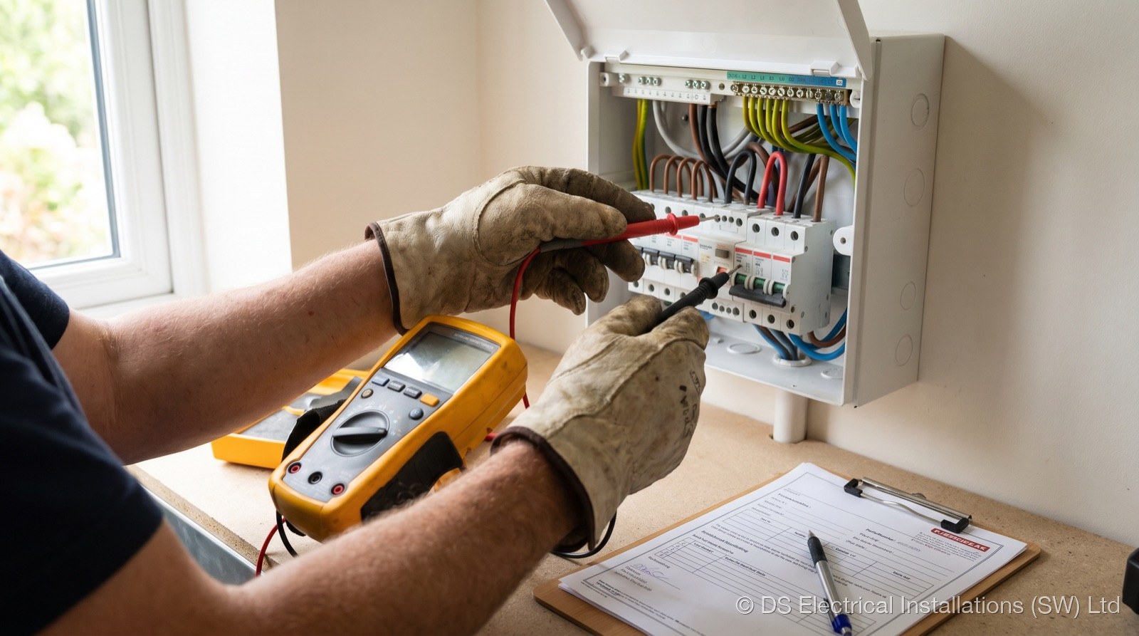 Electrician carrying out an EICR inspection, testing a domestic consumer unit, DS Electrical