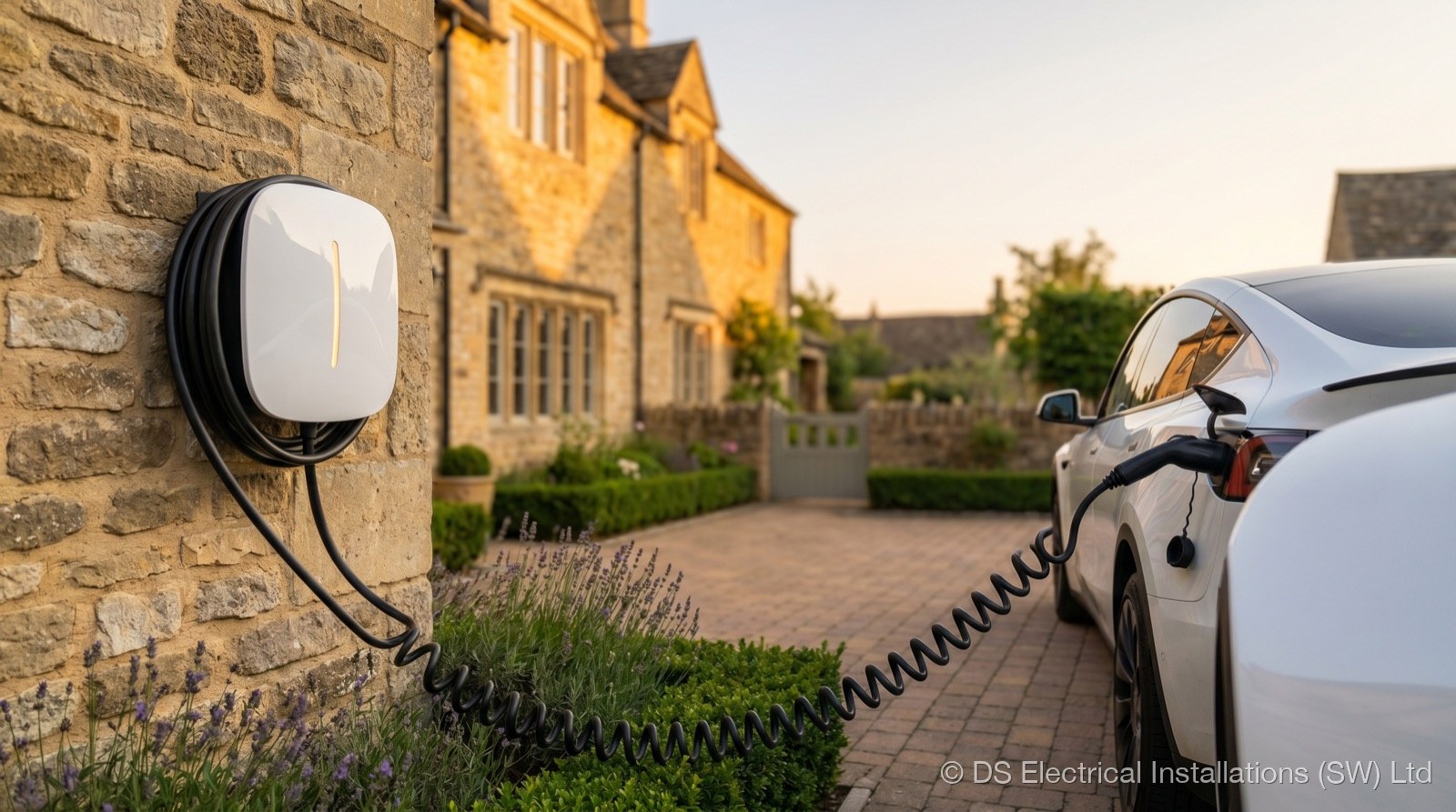 Wall-mounted home EV charger on a driveway with a car charging, installed by DS Electrical