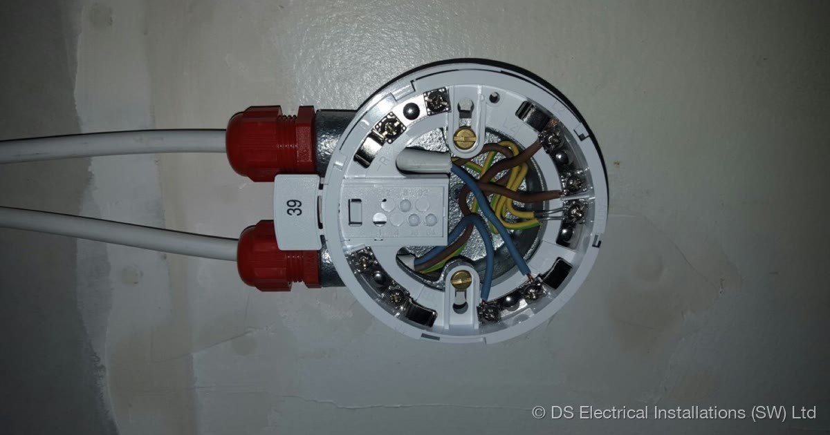 Fire alarm detector base wired in FP200 fire-resistant cable by DS Electrical Installations (SW) Ltd