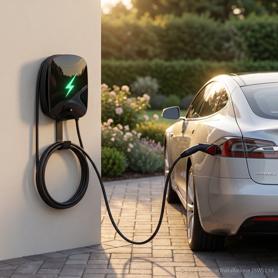 Home EV charge point on a house wall with an electric car on the driveway