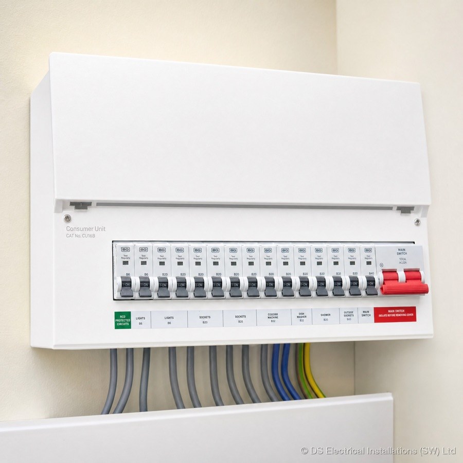 A brand-new modern consumer unit (fuse board) with neat RCBO breakers and dressed cables