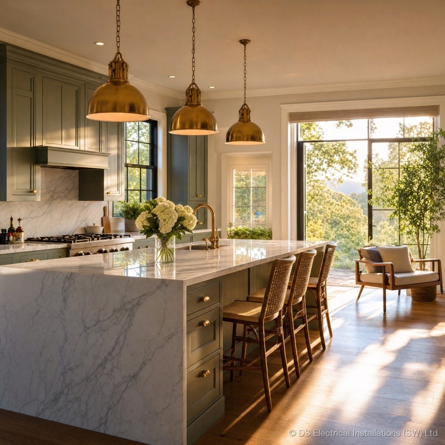 A finished luxury kitchen, representing rewires and renovation electrical work